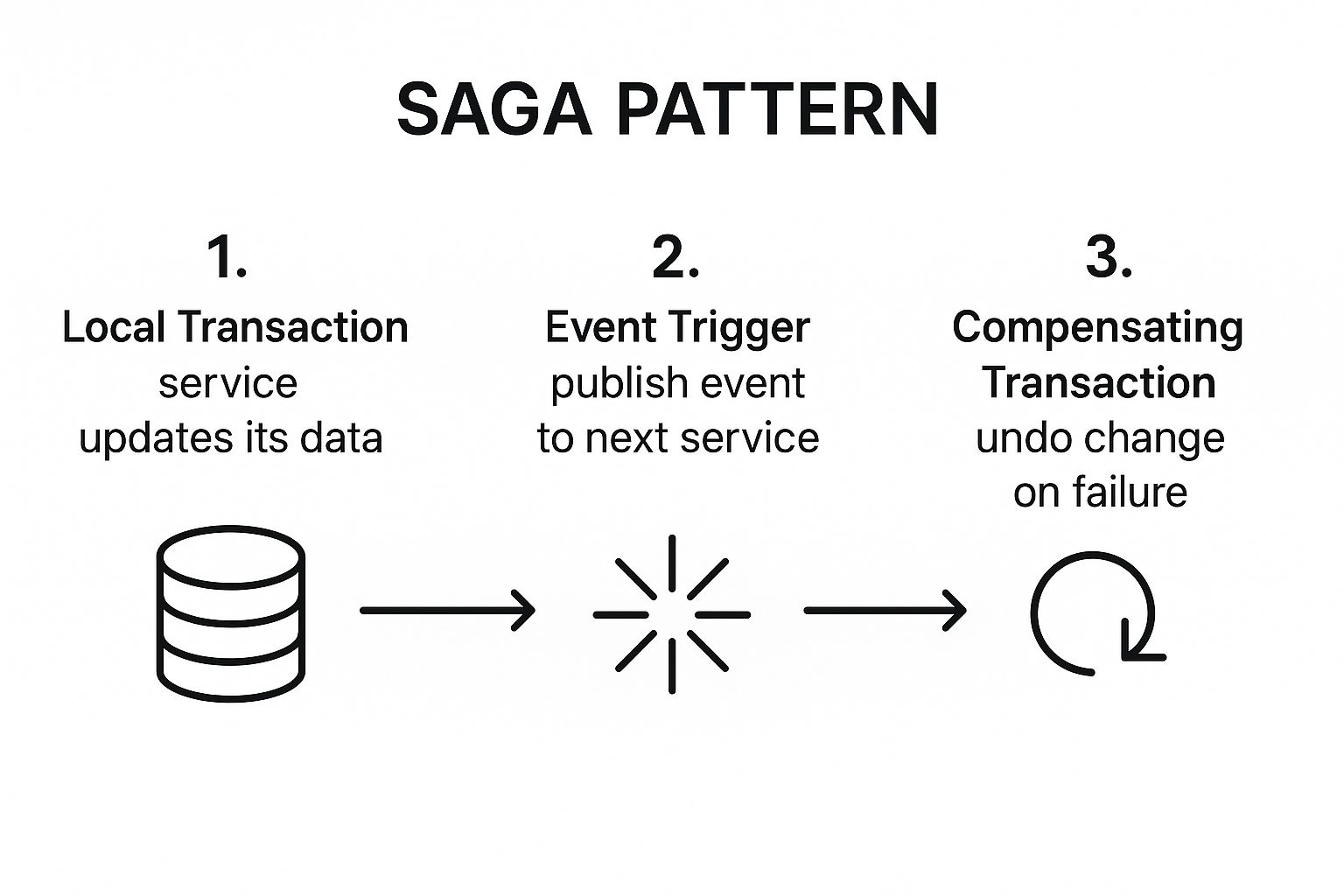Saga pattern sequence showing a local transaction, event trigger, and compensating transaction.