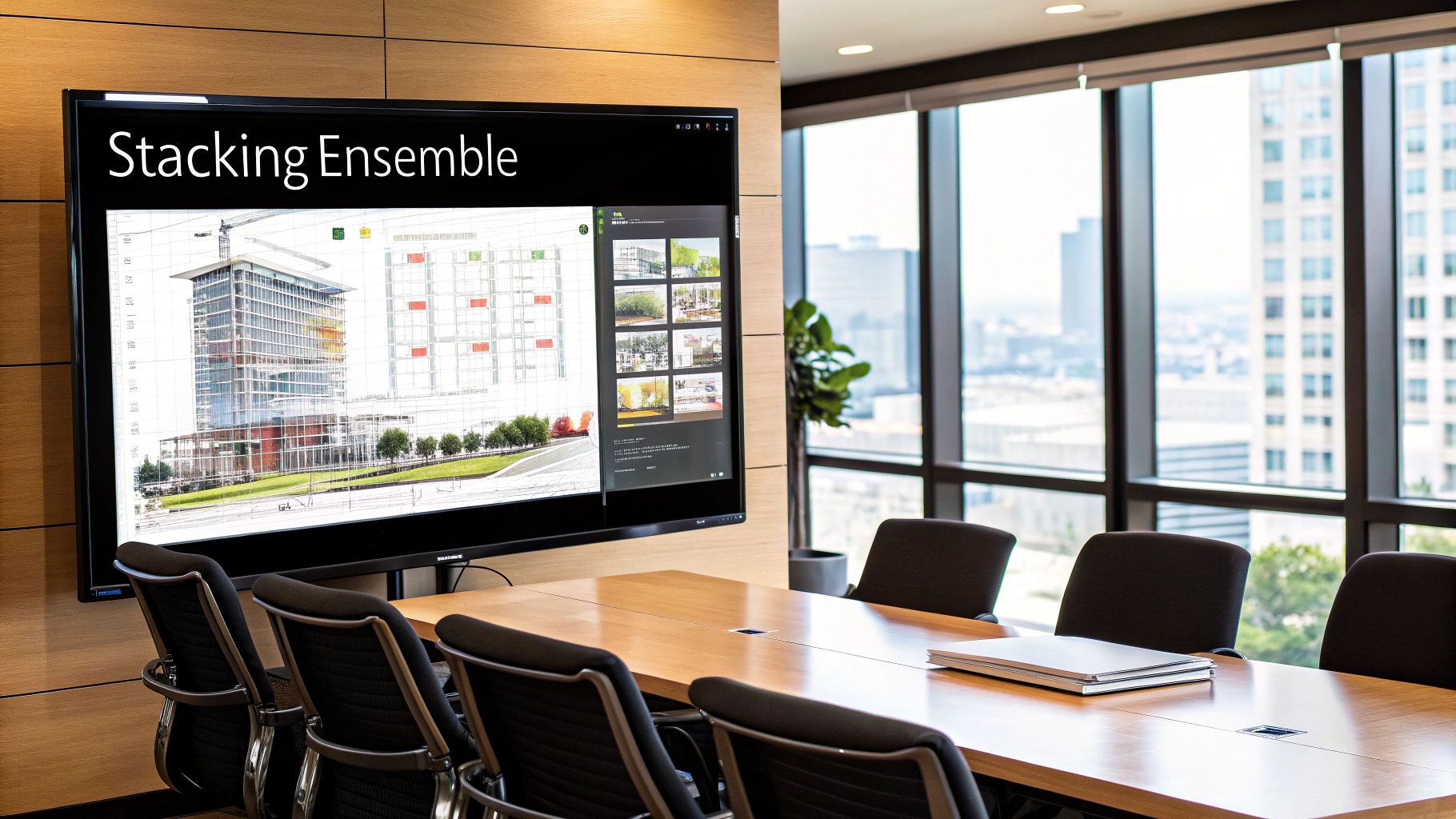 Conference-room display illustrating a stacking ensemble workflow.