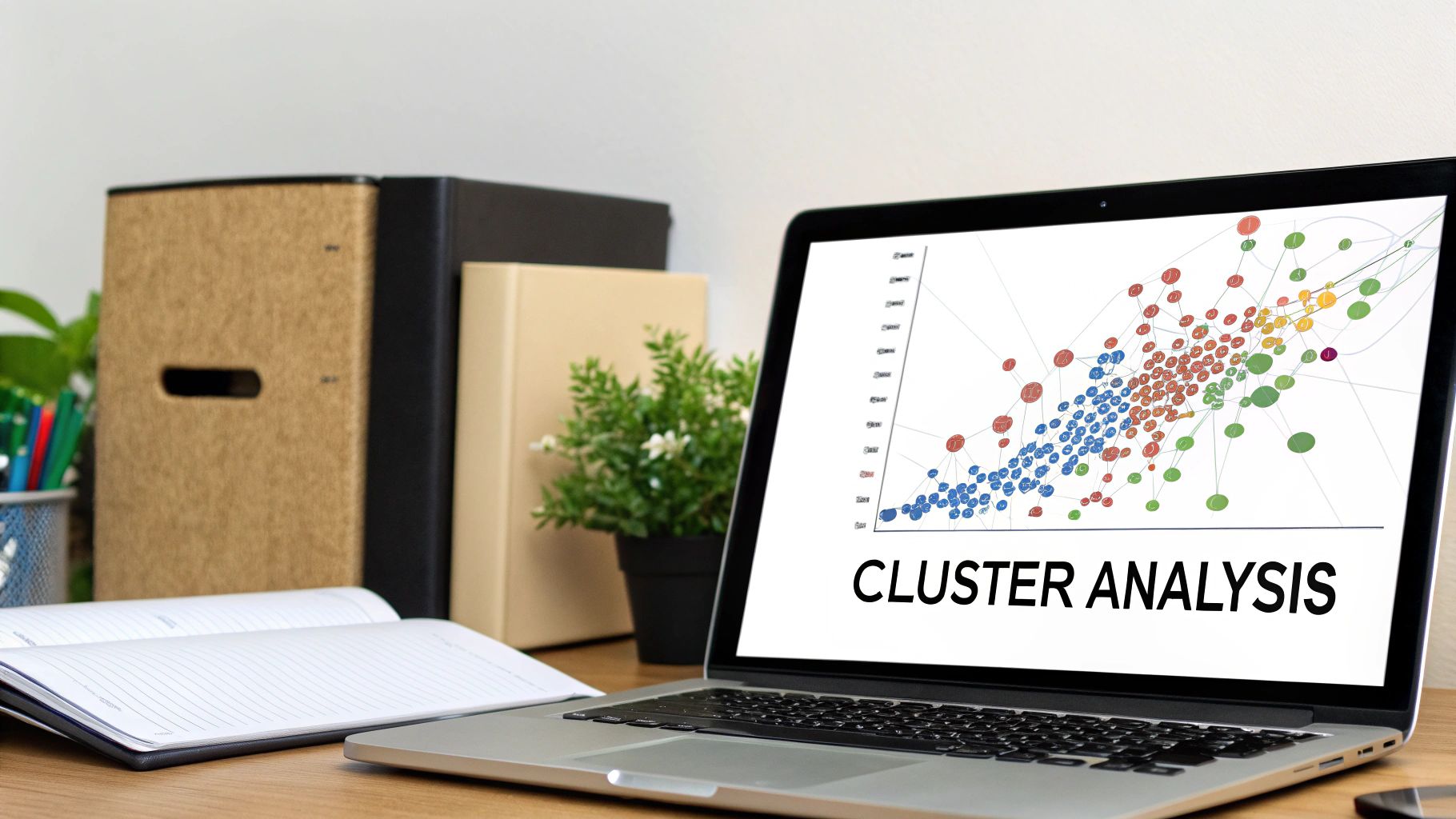 Laptop displaying a scatter plot used to illustrate cluster analysis.