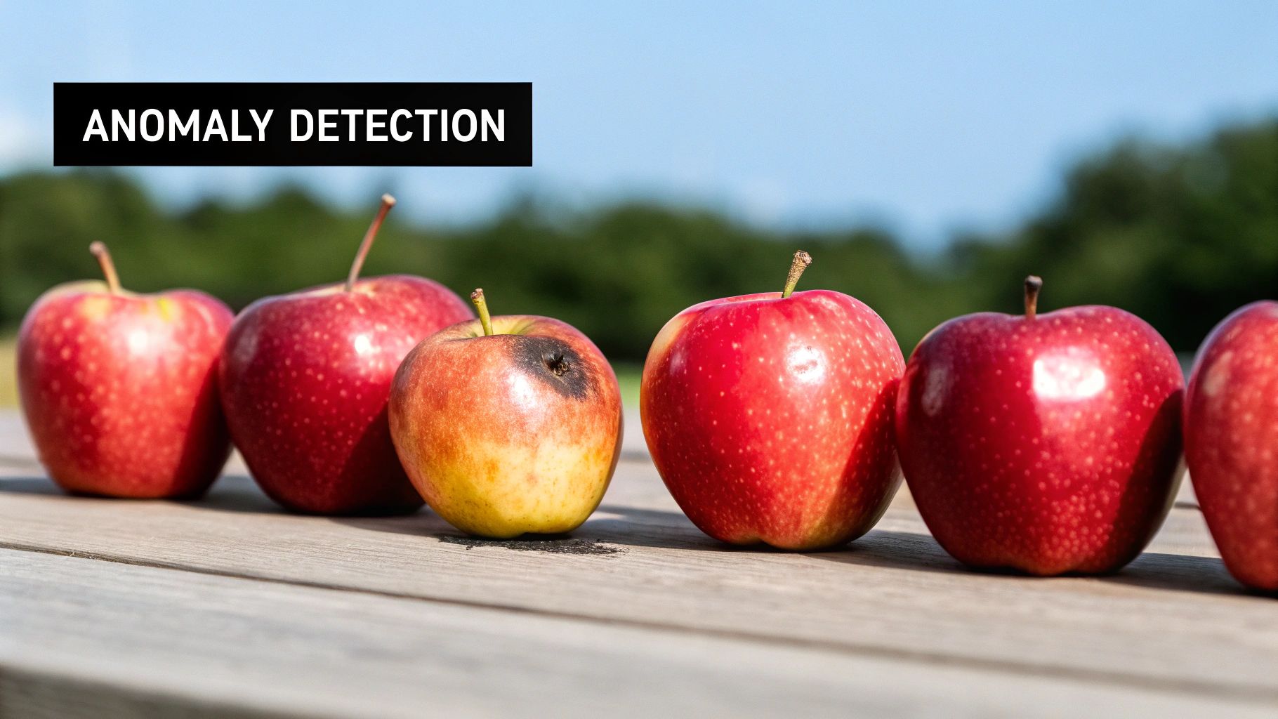 One discolored apple among red apples illustrating anomaly detection.