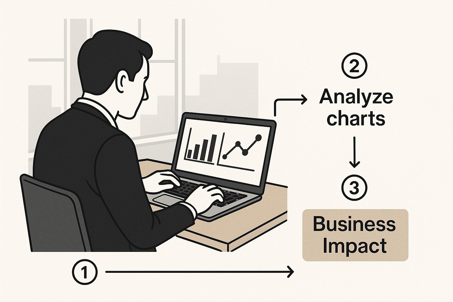 Business impact analysis cycle linking analysis, charts, and business impact.