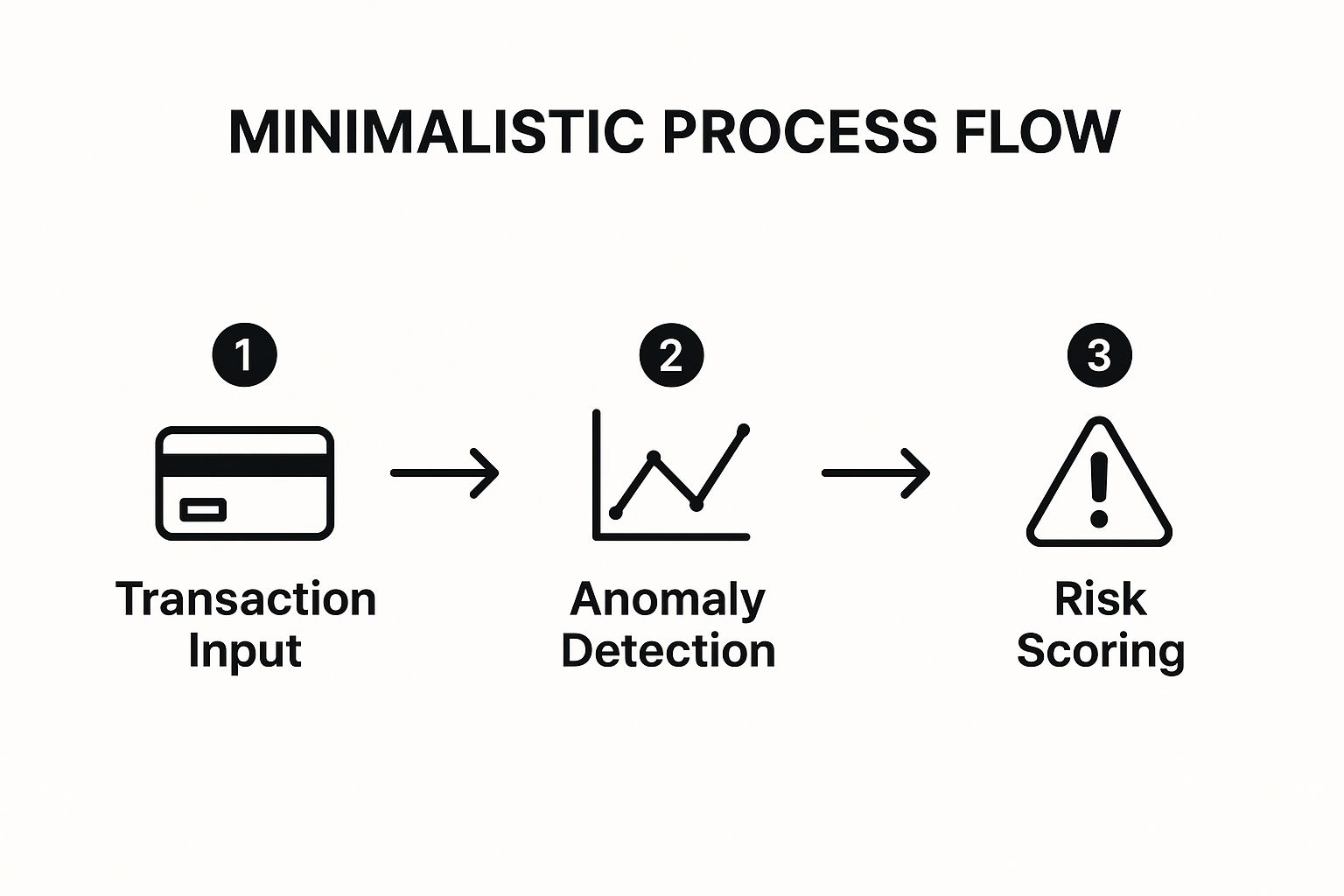 Minimal fraud-detection process from transaction input to anomaly detection and risk scoring.