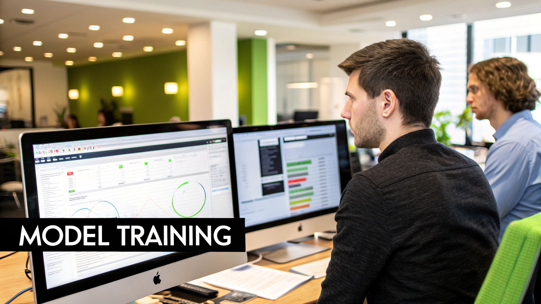 Machine-learning practitioner monitoring a model-training interface at a workstation.