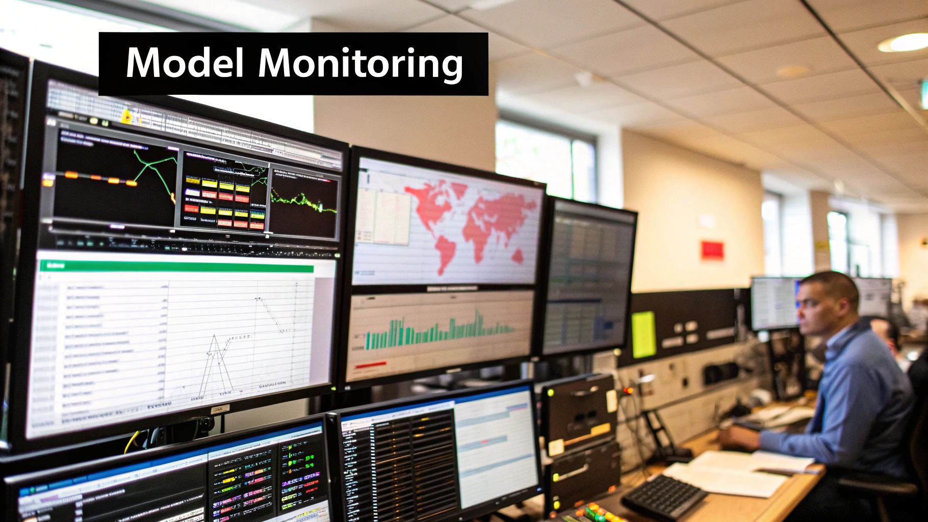 Conceptual monitoring view for data, predictions, outcomes, service health, and risk