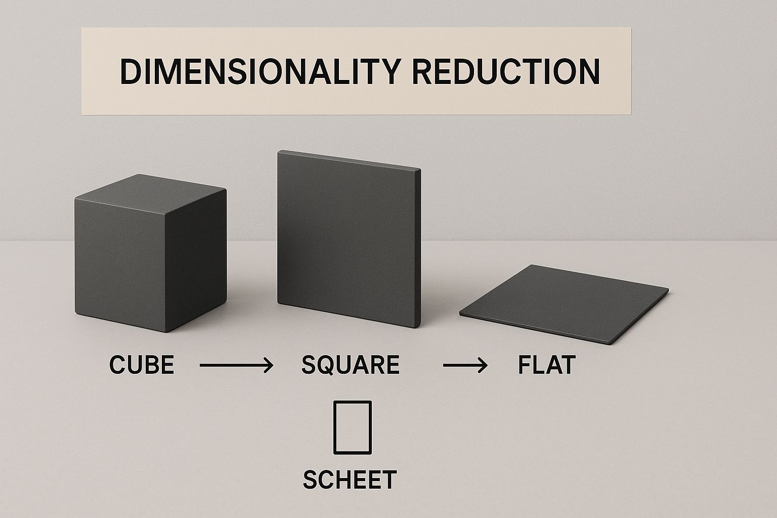Dimensionality reduction illustrated by flattening a cube into lower-dimensional shapes.
