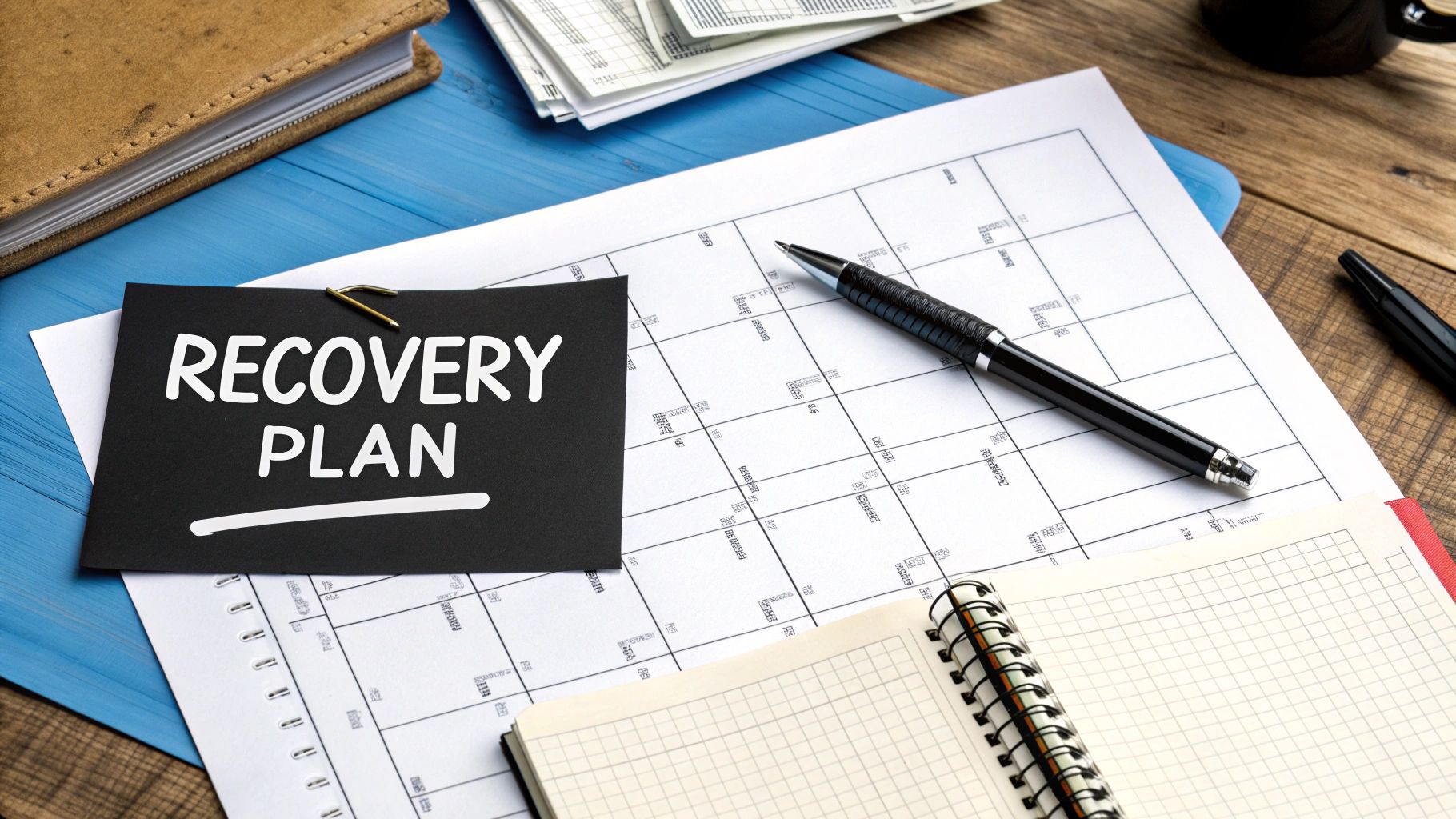 Recovery plan document beside architectural plans and drafting tools.
