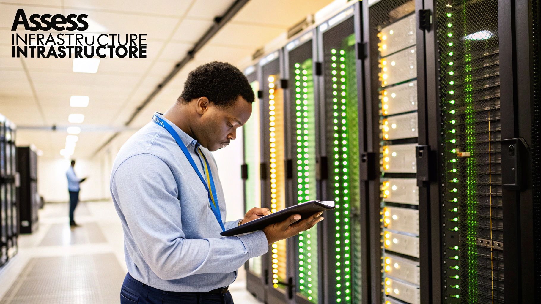 Technician assessing physical server infrastructure in a data center.