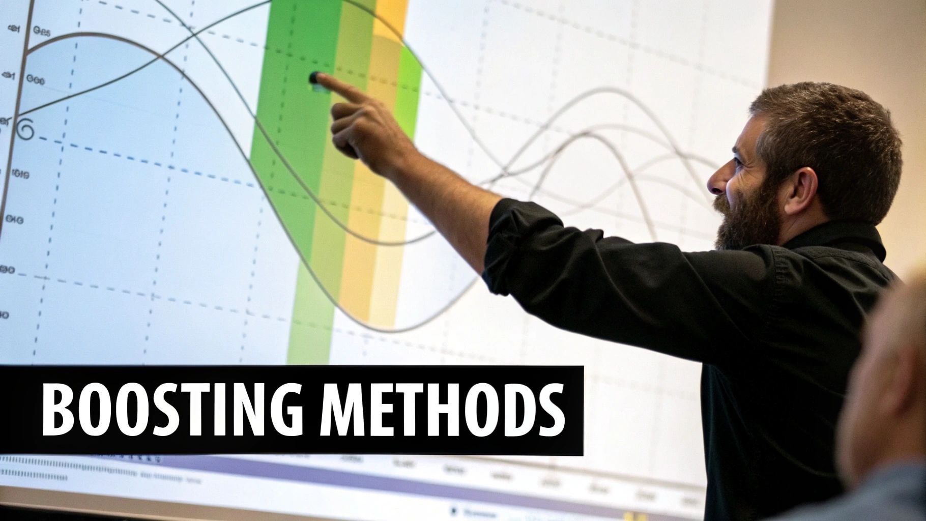Presenter pointing to model curves on a display labeled Boosting Methods.