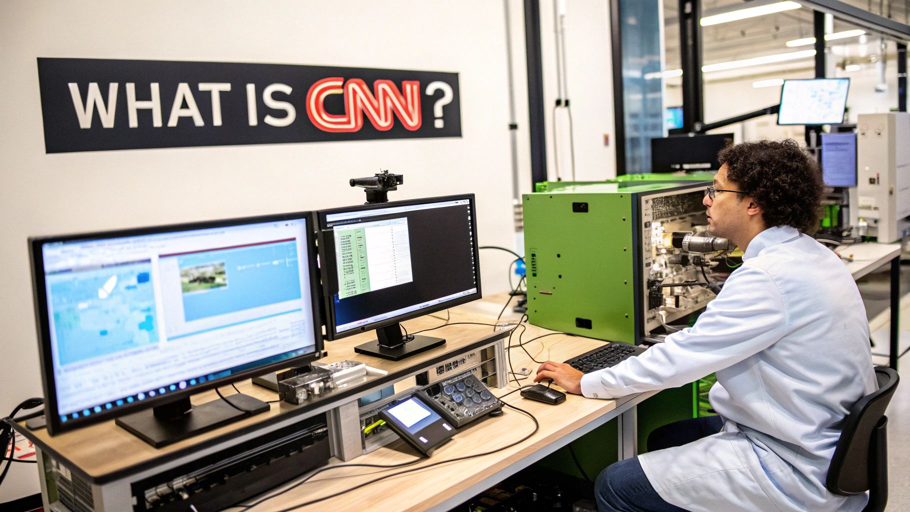 Engineer working at a computer vision laboratory workstation beneath a What Is CNN display.