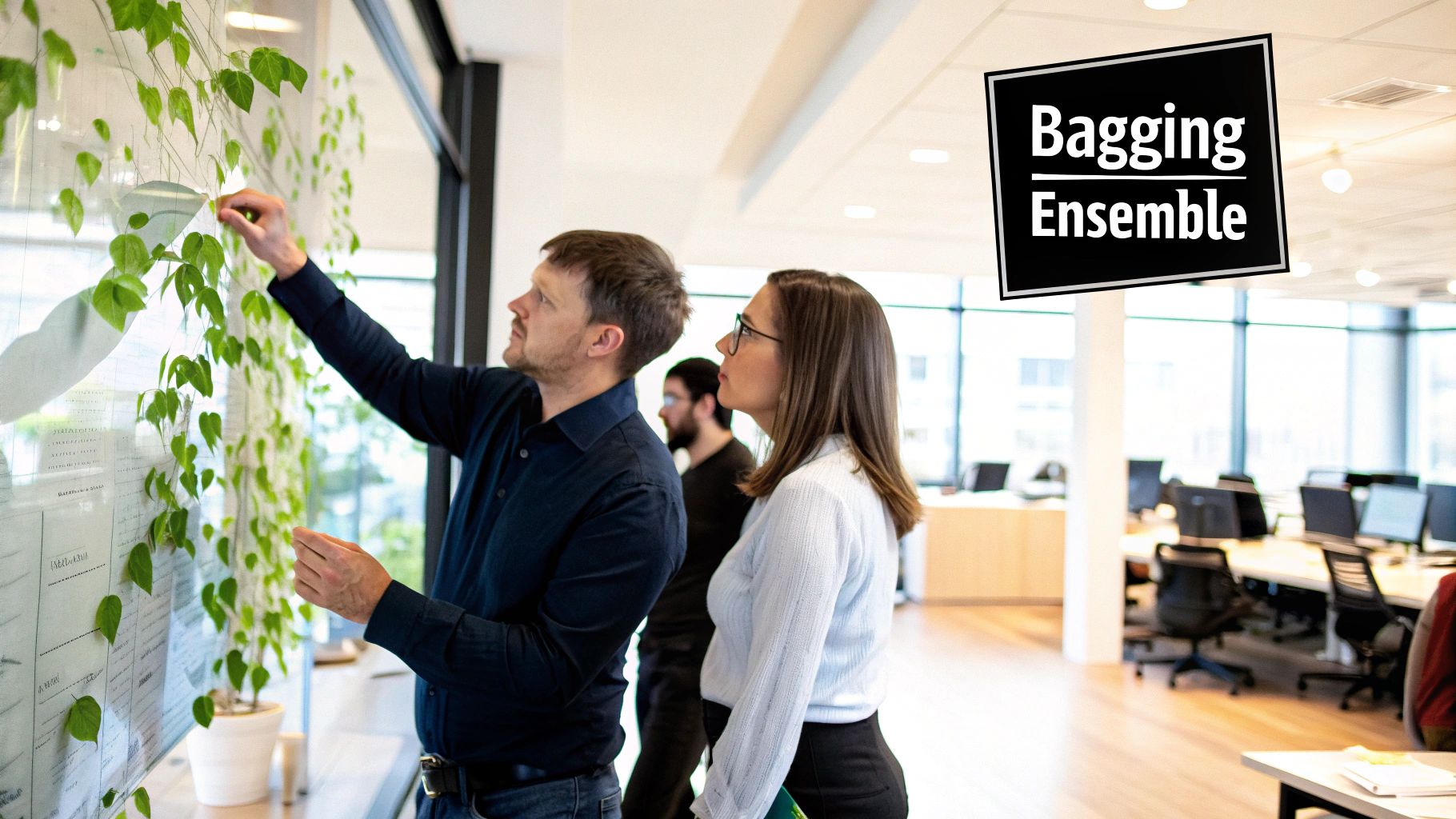 Analysts reviewing model output under a display labeled Bagging Ensemble.