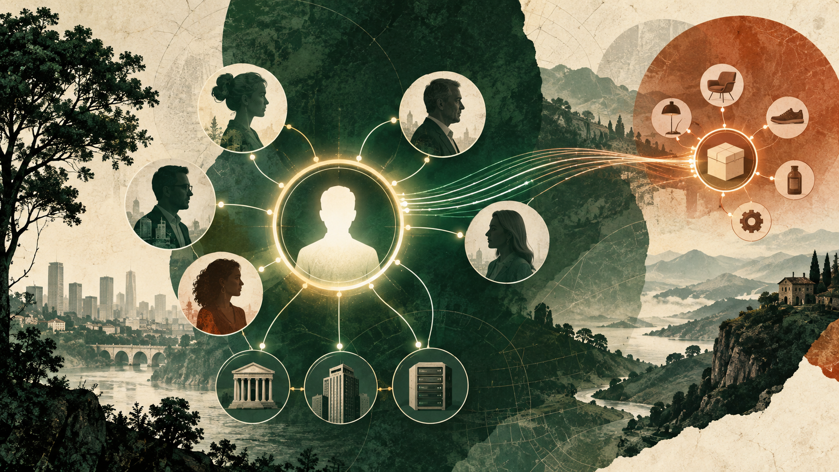 Editorial illustration of a central EBX5-style master-data hub connecting customer profiles, product records, and enterprise systems in 2015.