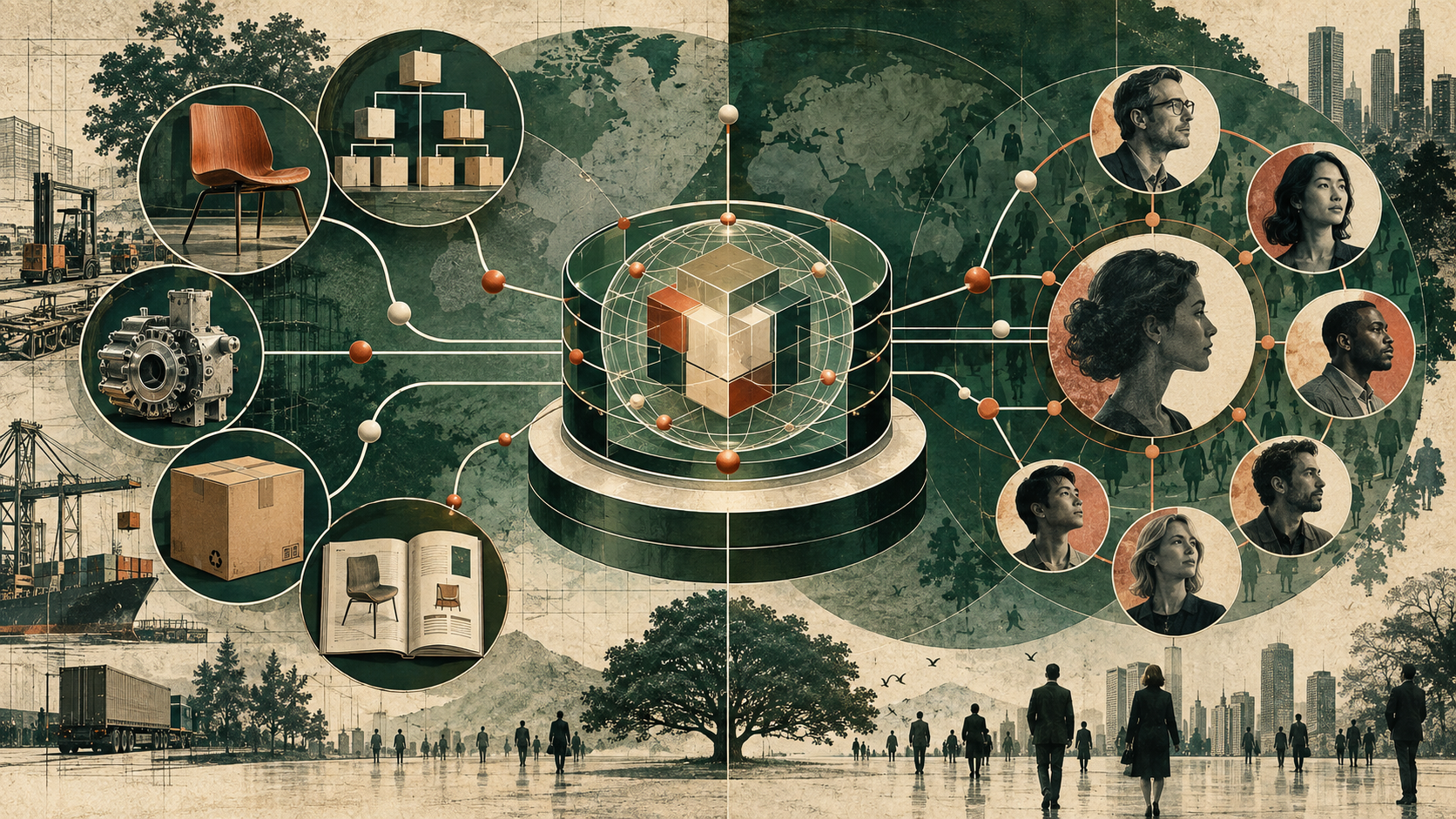 Editorial illustration of one master-data hub linking product hierarchies and catalog objects with customer profiles and enterprise operations.