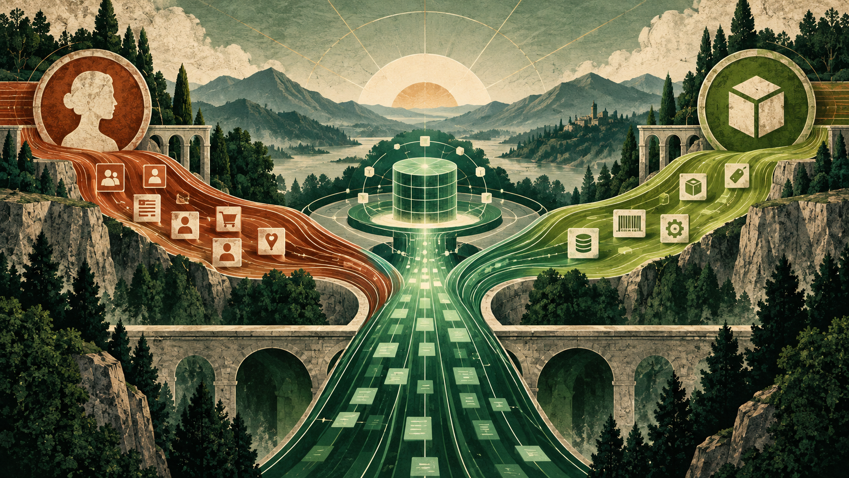 Editorial illustration of customer-data and product-data streams merging into one unified multidomain master-data platform.