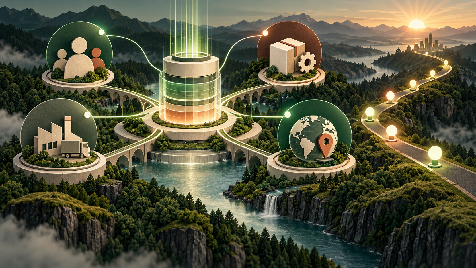 Editorial illustration of a unified master-data hub connecting customer, product, supplier, and location domains with a path of recognition milestones.