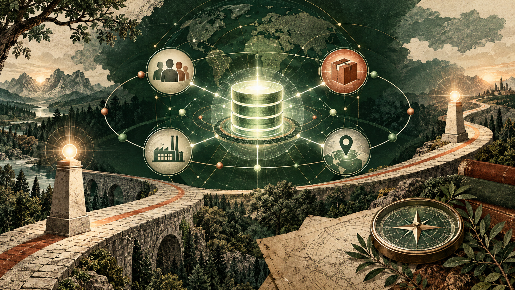 Editorial illustration of a stable multidomain data hub with two illuminated recognition milestones and connected enterprise domains.