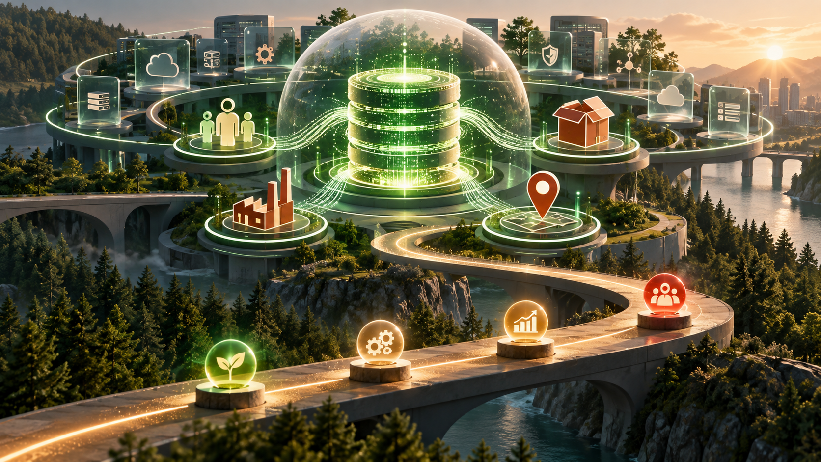Editorial illustration of a mature multidomain data core integrated into a larger software constellation with four recognition milestones.