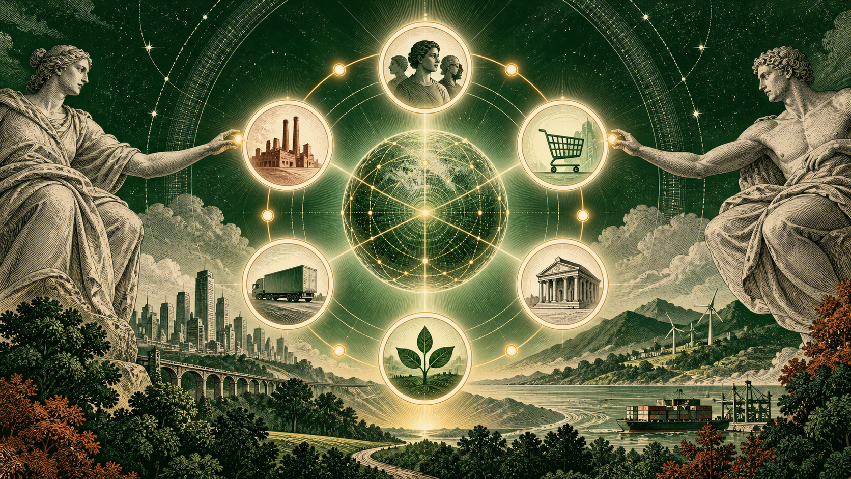 Editorial illustration of an enduring multidomain data core surrounded by a completed constellation of six illuminated milestones.