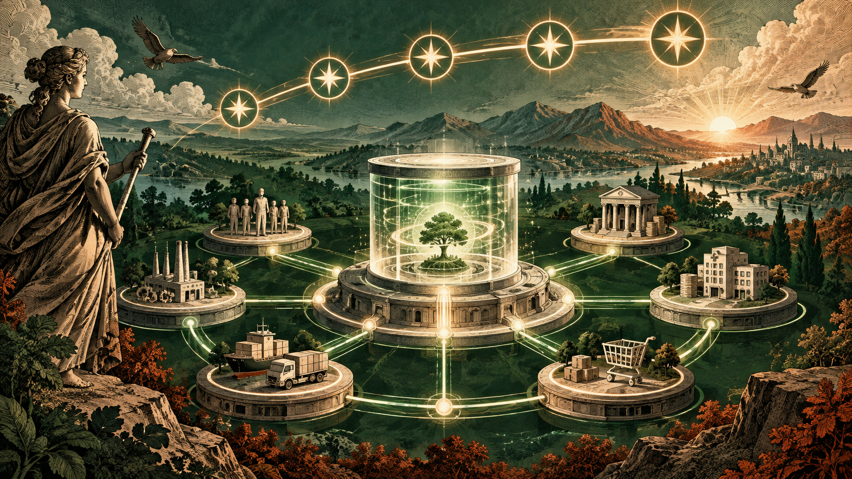Editorial illustration of a governed multidomain data hub beneath an arc of five illuminated recognition markers.