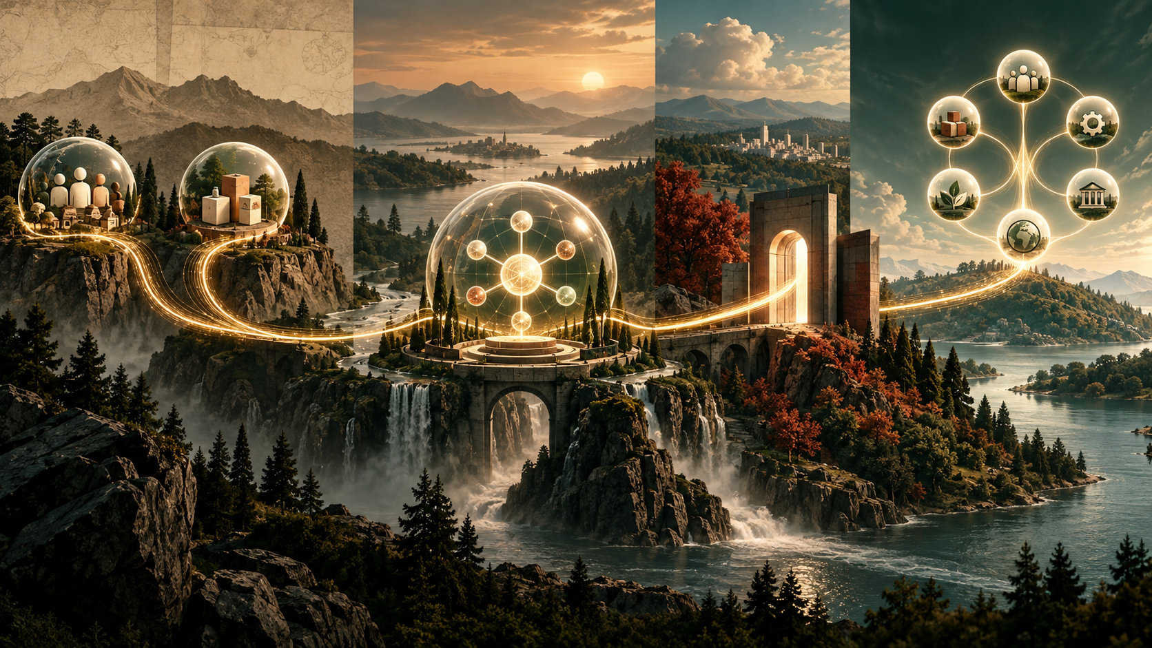 Panoramic editorial illustration of one continuous data thread moving from separate customer and product domains into unified MDM, through acquisition, and toward six milestones.