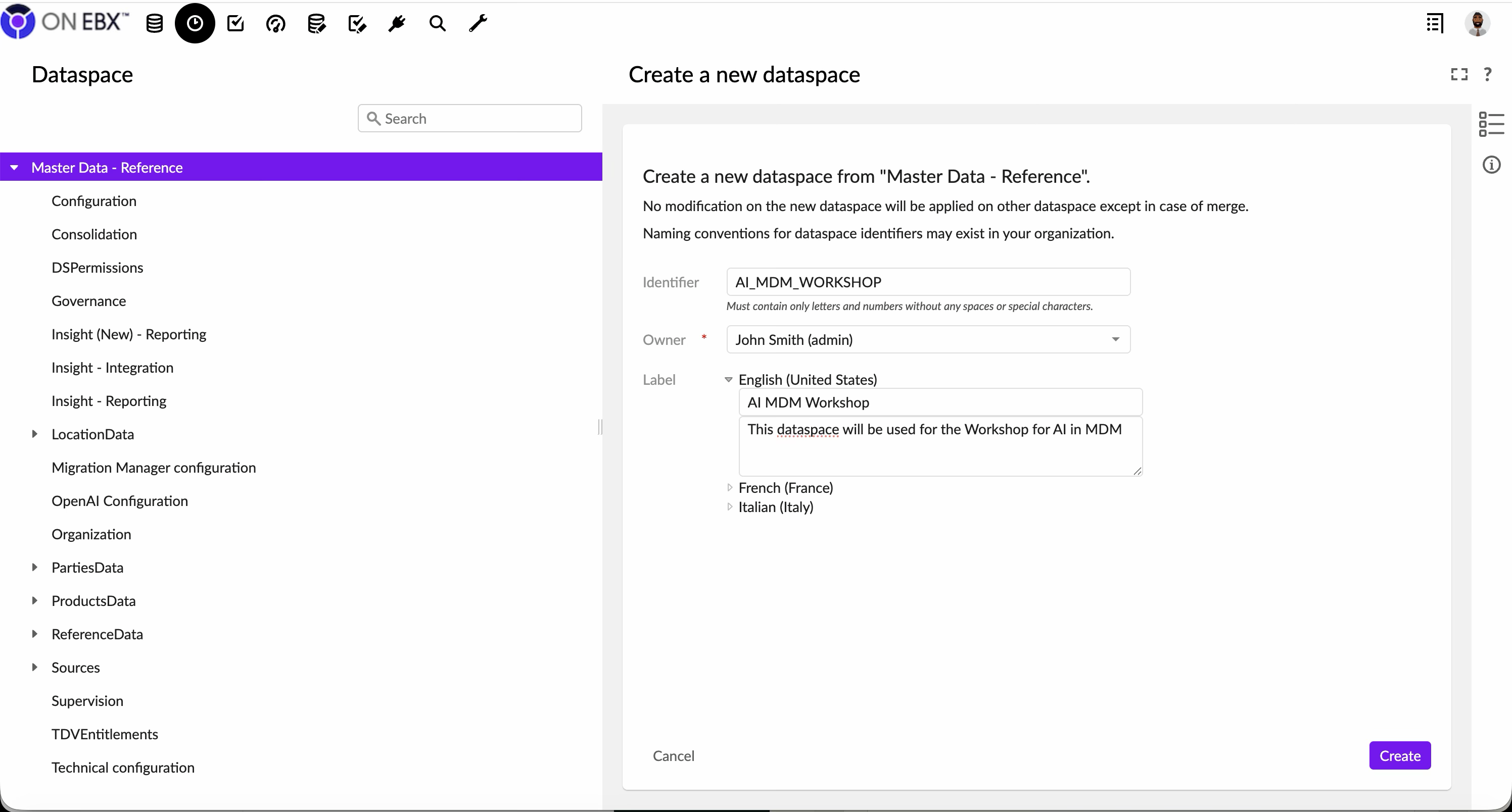 ON EBX create-dataspace screen showing AI_MDM_WORKSHOP under the Master Data reference parent, with an owner, label, and workshop description.