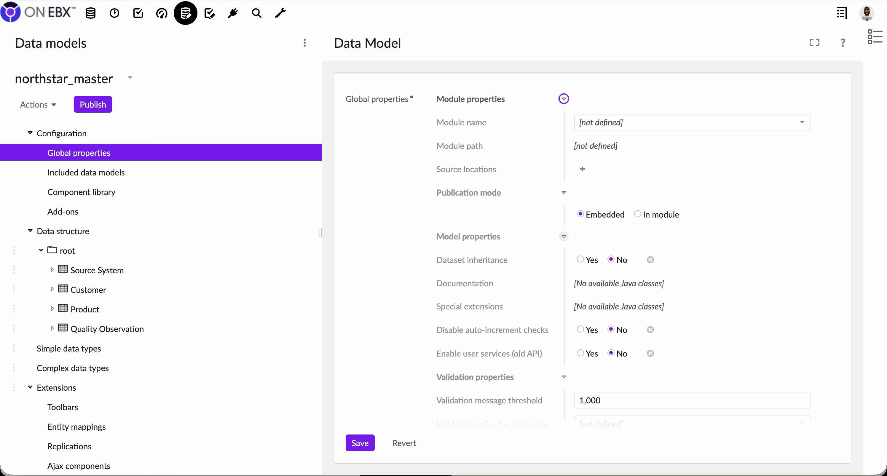 ON EBX data-model editor showing the embedded northstar_master model and the Source System, Customer, Product, and Quality Observation tables.