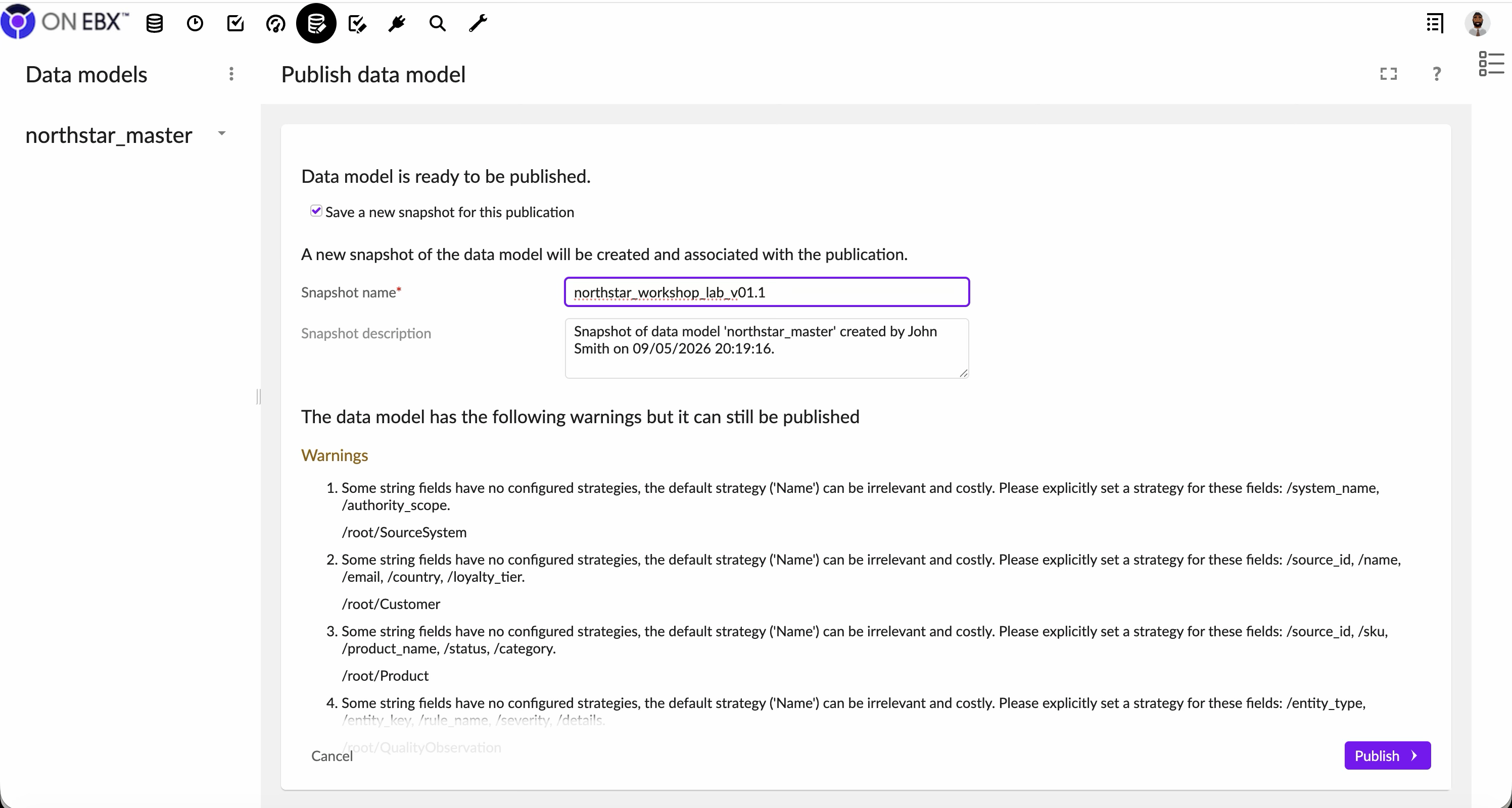 ON EBX publish-data-model screen listing warnings about default strategies on string fields in the workshop tables.