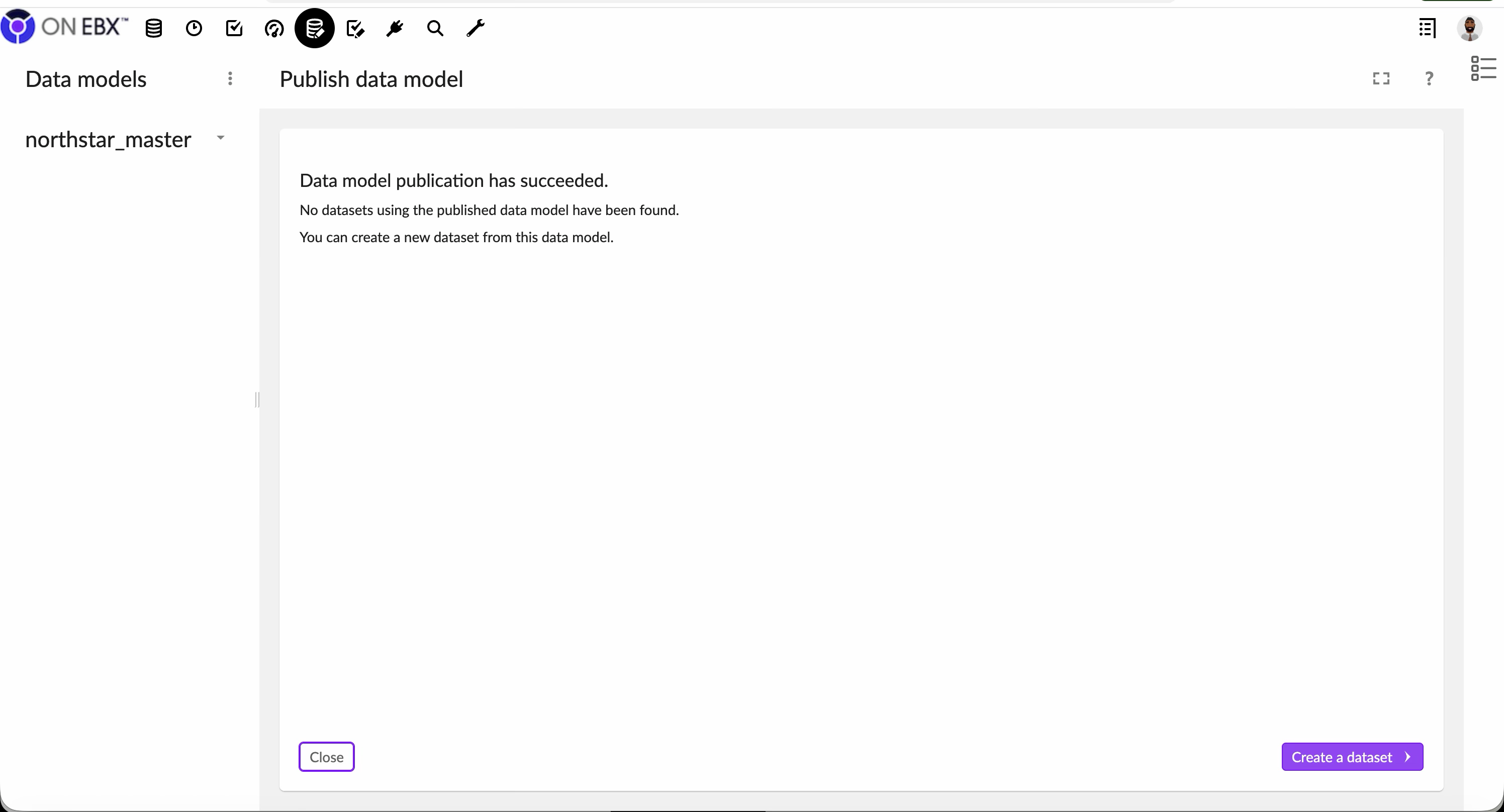 ON EBX confirmation screen stating that publication of northstar_master succeeded and offering to create a dataset.
