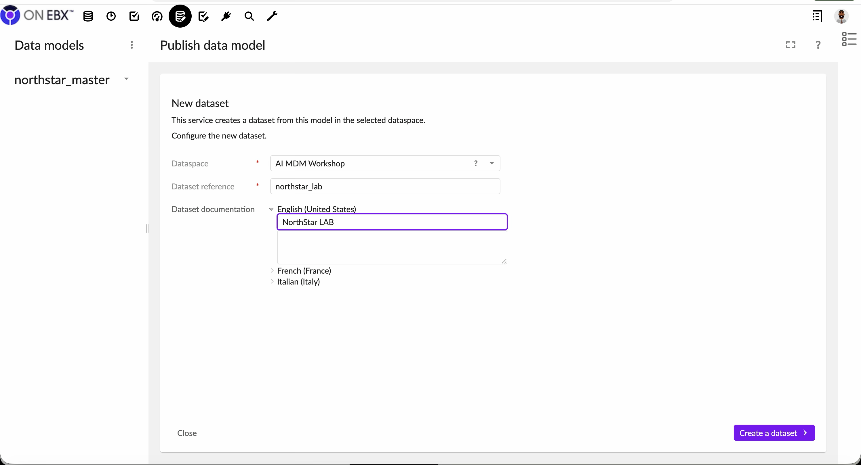 ON EBX new-dataset screen configured for AI MDM Workshop with dataset reference northstar_lab and label NorthStar LAB.