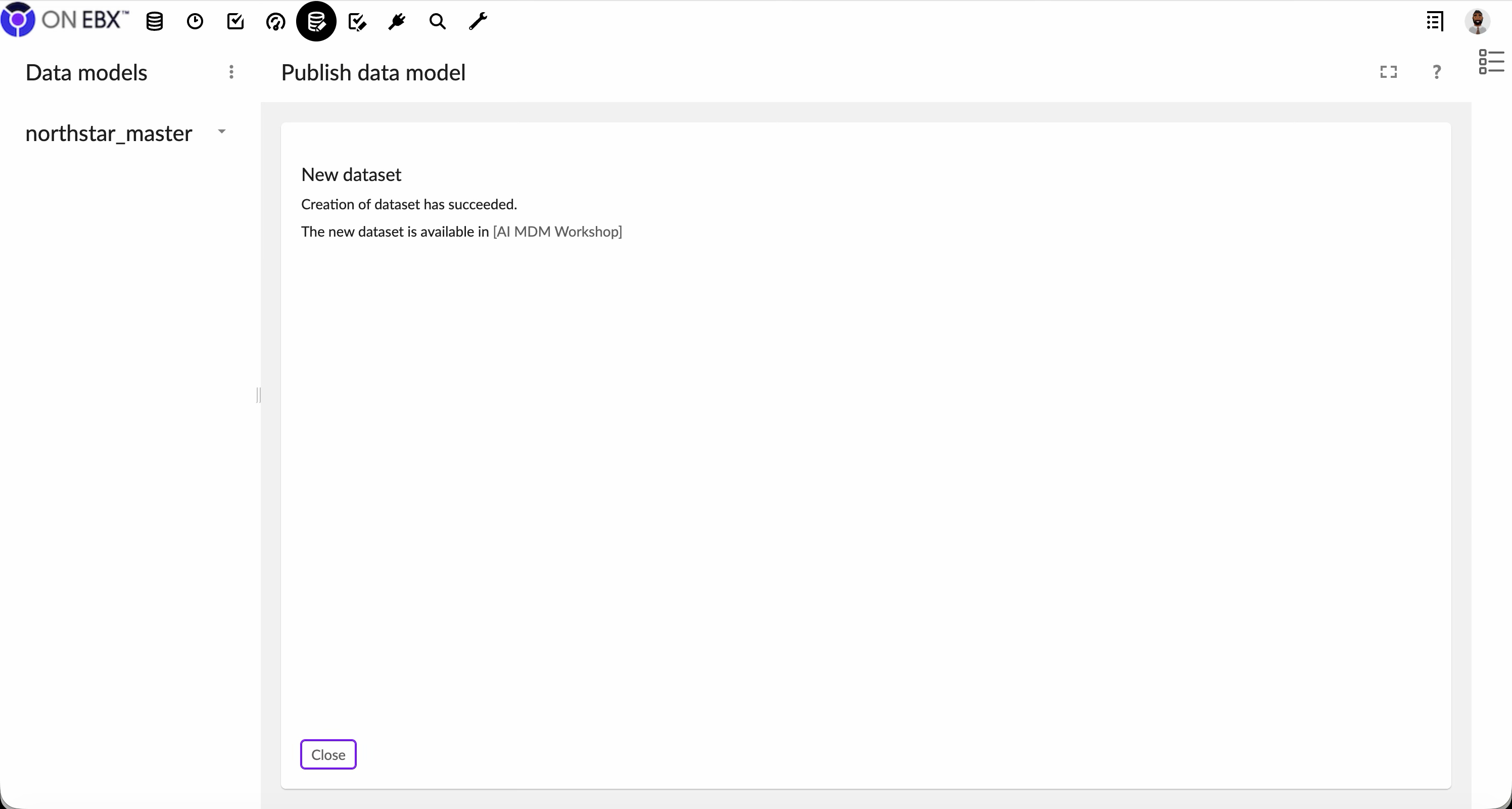 ON EBX confirmation screen stating that creation of the dataset succeeded in AI MDM Workshop.