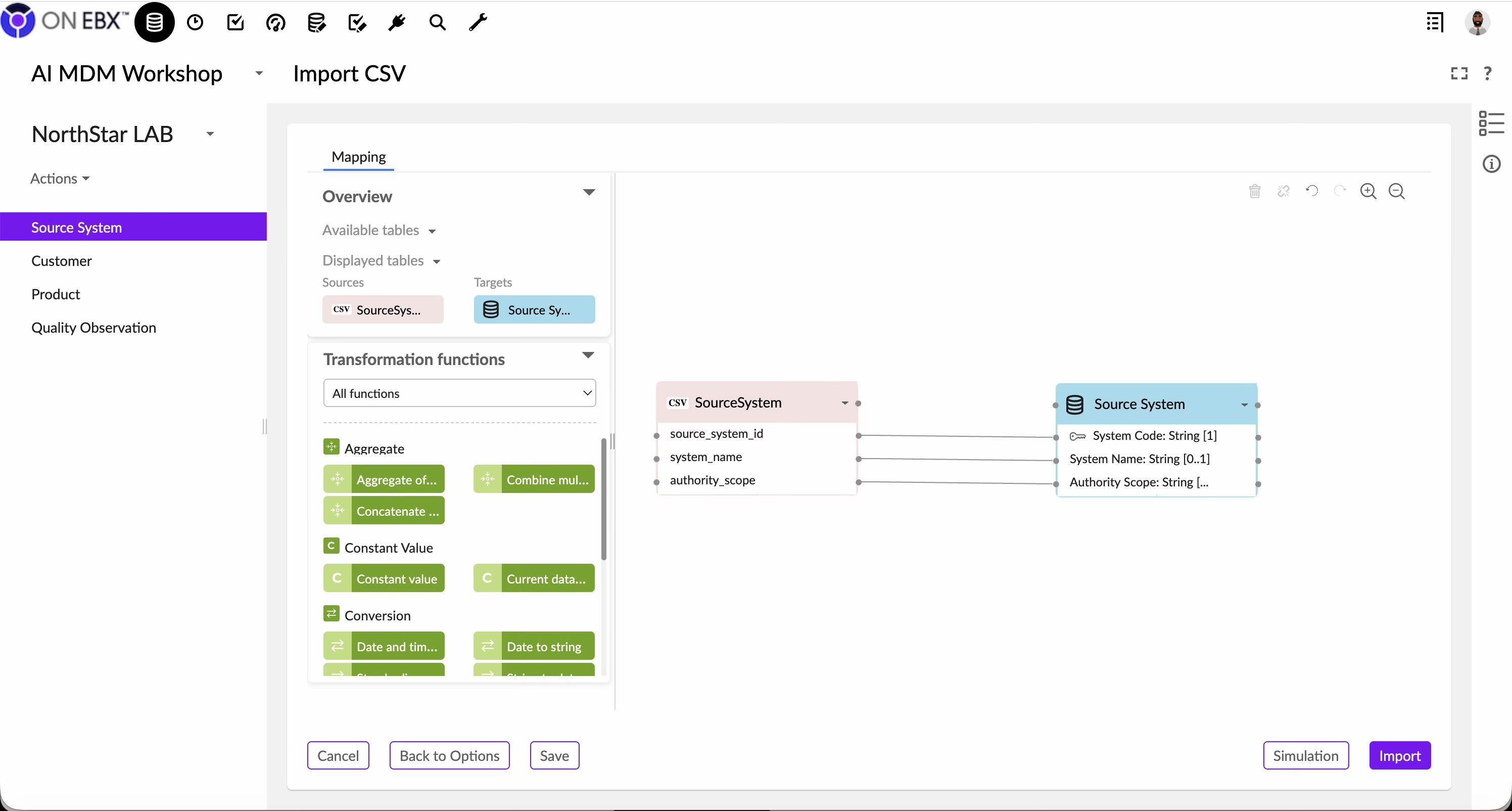 ON EBX CSV mapping canvas connecting the three SourceSystem CSV columns to System Code, System Name, and Authority Scope.