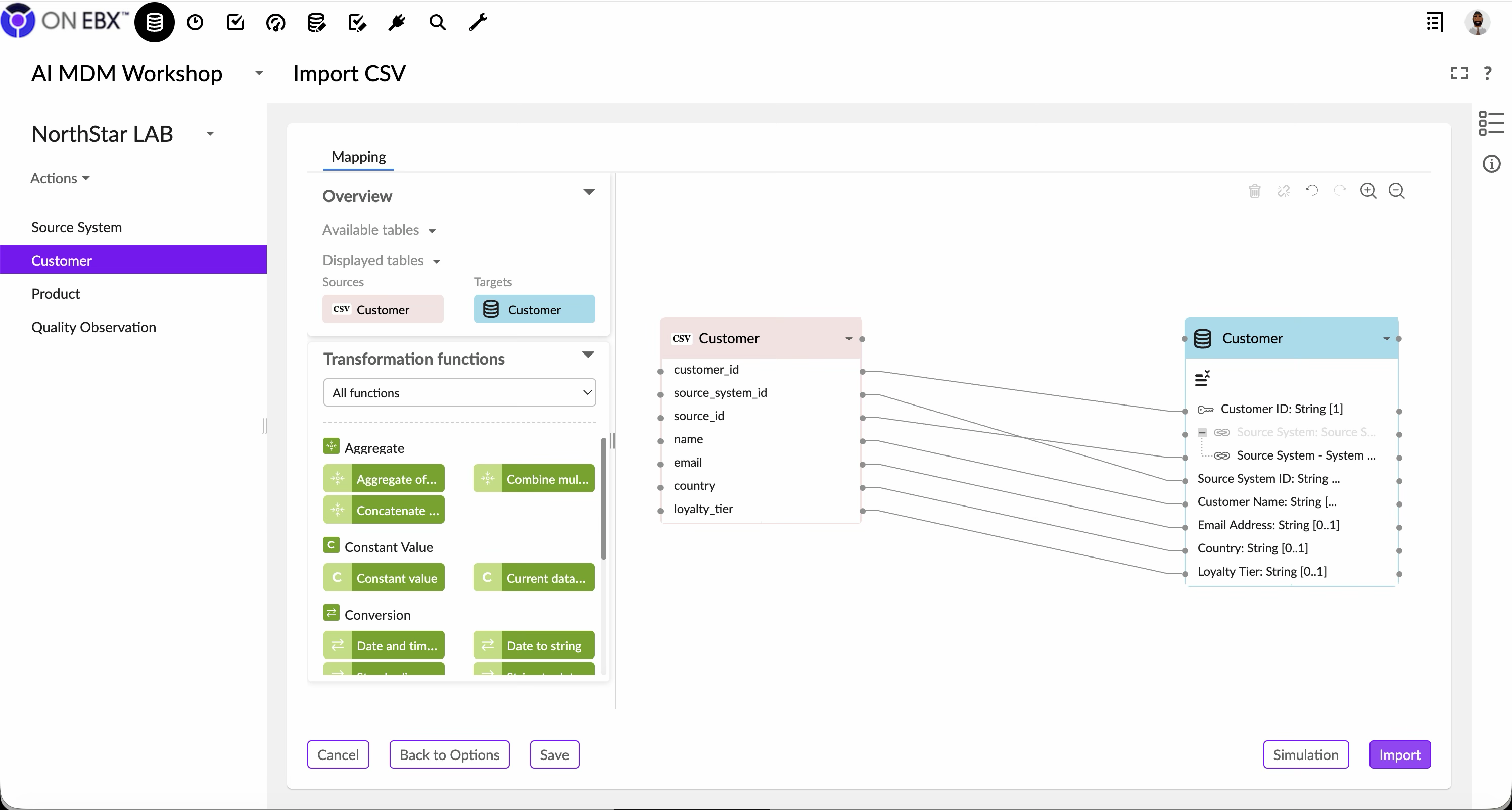 ON EBX CSV mapping canvas connecting customer identifiers, source-system reference, name, email, country, and loyalty tier to the Customer table.