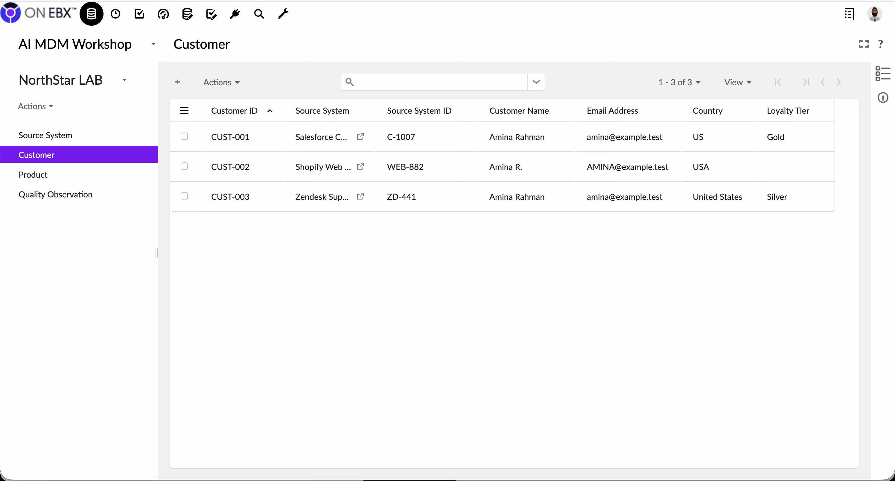 ON EBX Customer table showing three synthetic Amina Rahman candidate records from CRM, commerce, and support with inconsistent country and loyalty values.