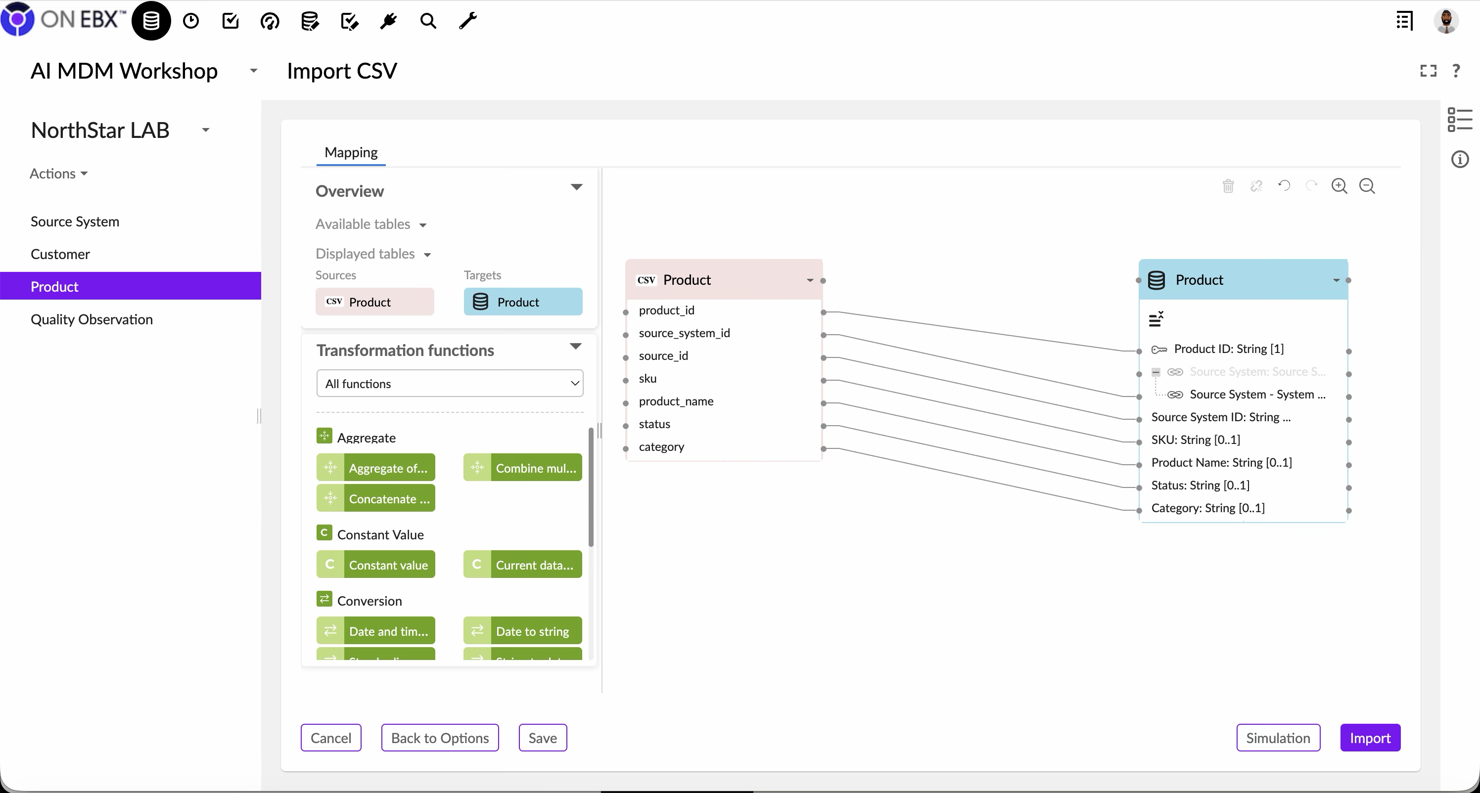 ON EBX CSV mapping canvas connecting product identifiers, source-system reference, SKU, name, lifecycle status, and category to the Product table.