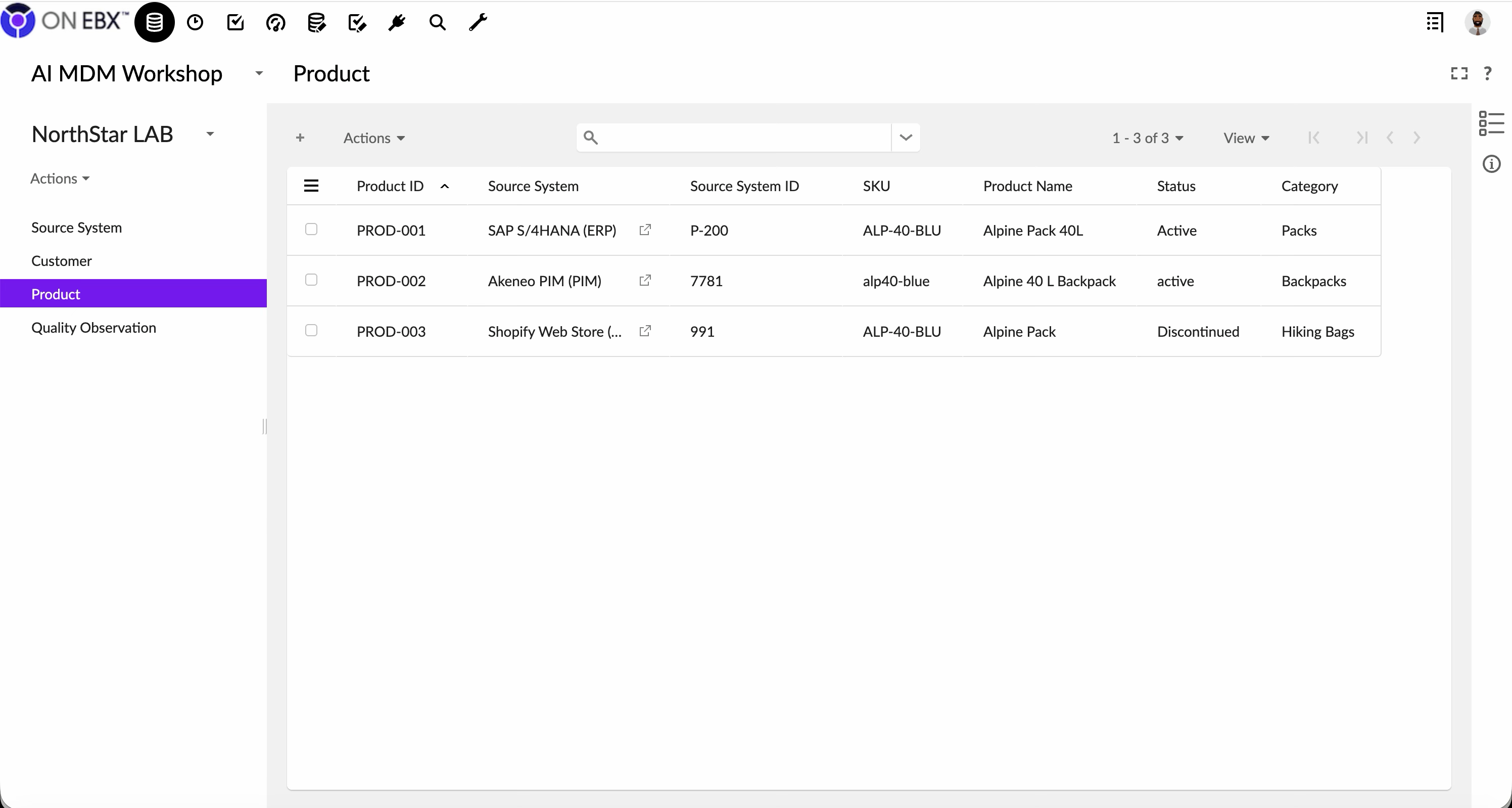 ON EBX Product table showing three synthetic Alpine Pack candidate records from ERP, PIM, and commerce with conflicting names, status, and categories.