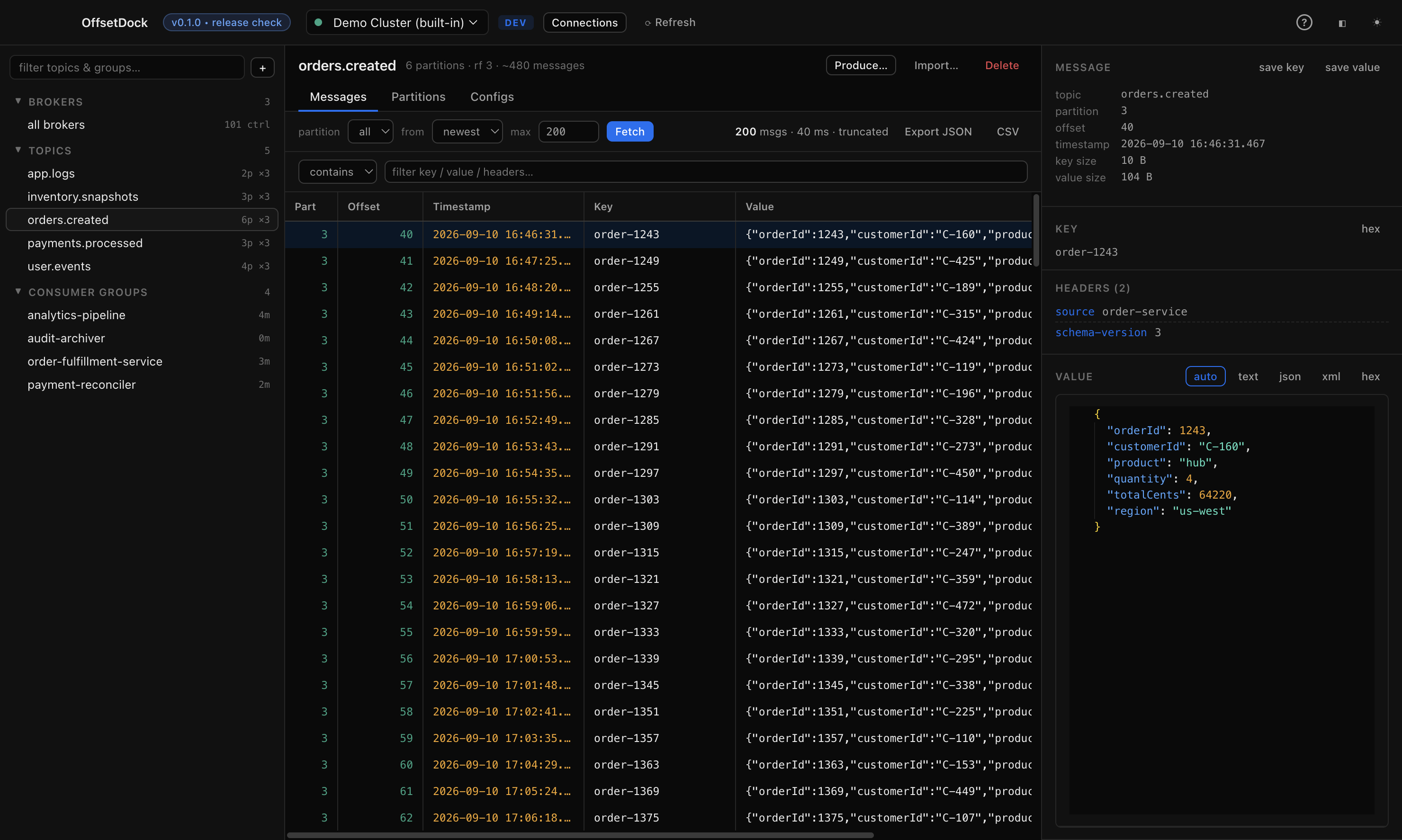 OffsetDock message browser showing Kafka records and a structured payload inspector