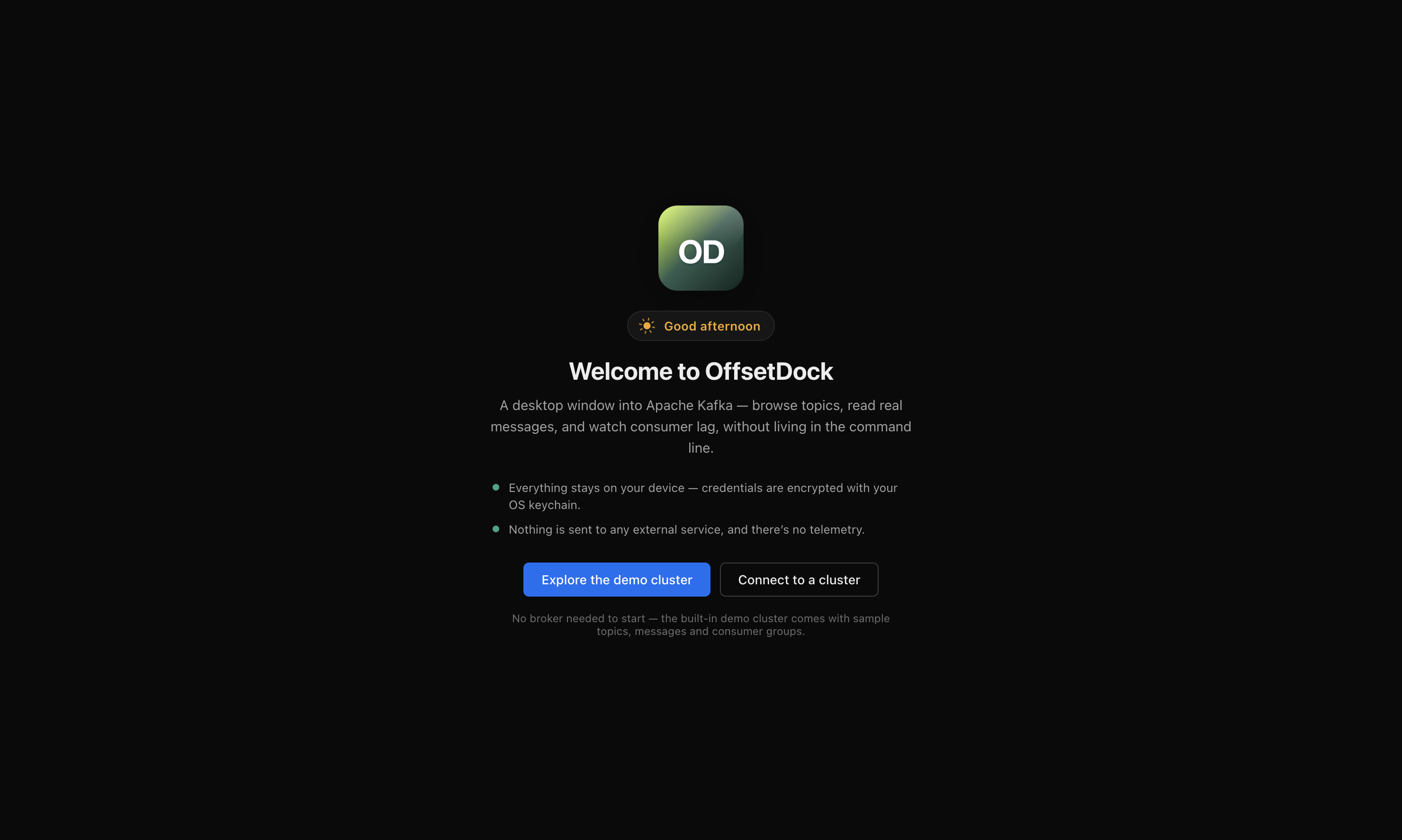 OffsetDock welcome screen with demo cluster and cluster connection actions